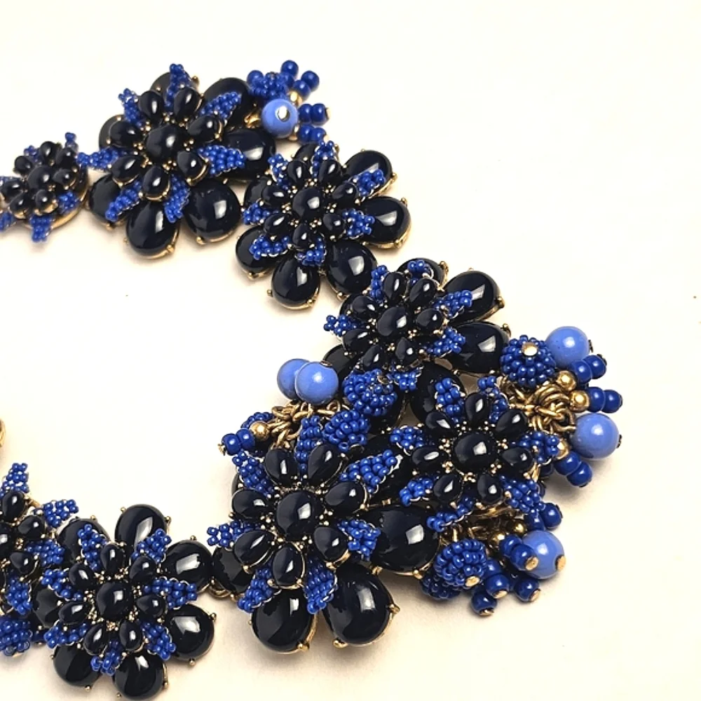 [J. CREW] Gardenia Blue Beaded Chunky Statment Floral Asymmetrical Necklace